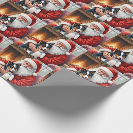 Santa Claus Holding Border Collie Christmas Art Cadeaupapier (Hoek)