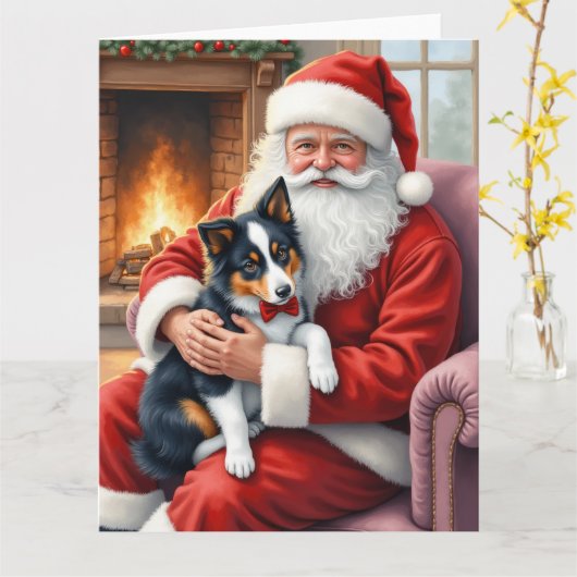 Santa Claus Holding Border Collie Christmas Art Kaart (Gele Bloem)