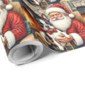Santa Claus Holding Boston Terrier Christmas Art Cadeaupapier (Rol Hoek)