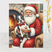 Santa Claus Holding Boston Terrier Christmas Art Kaart (Gele Bloem)