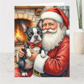 Santa Claus Holding Boston Terrier Christmas Art Kaart (Voorkant)