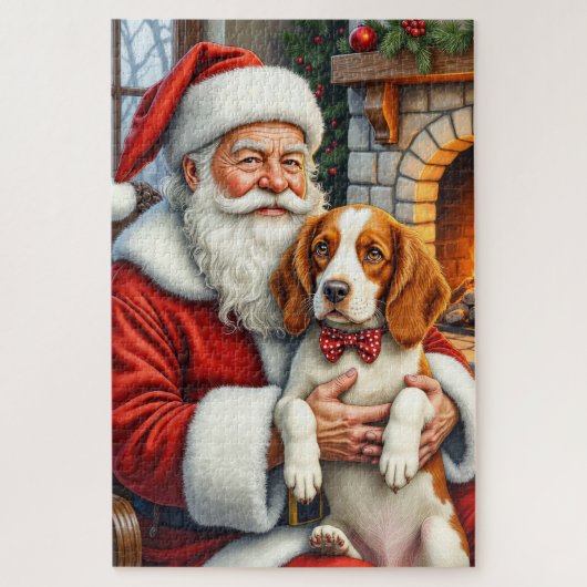 Santa Claus Holding Brittany Spaniel Christmas Art Legpuzzel (Verticaal)
