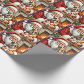 Santa Claus Holding Bulldog Christmas Art Cadeaupapier (Hoek)