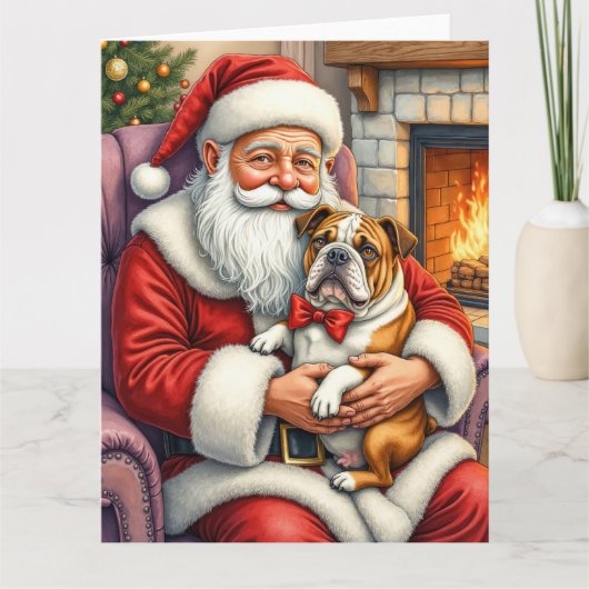 Santa Claus Holding Bulldog Christmas Art Kaart (Voorkant)