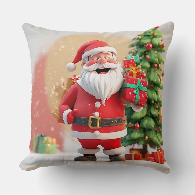 Santa Claus Holding Cadeau Kussen (Voorkant)