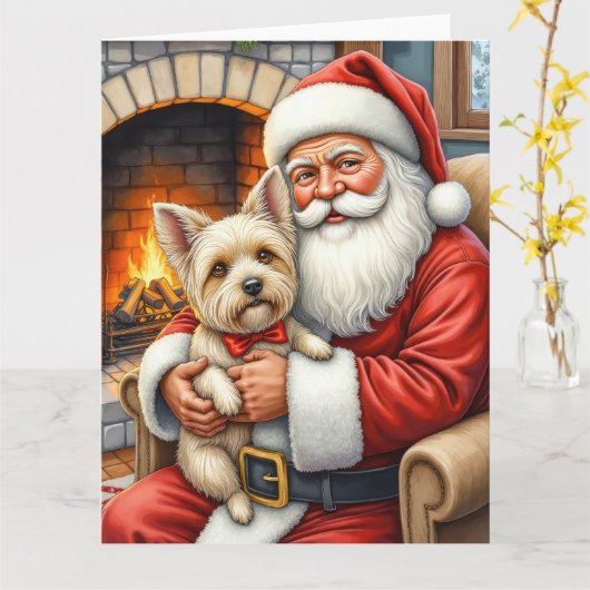 Santa Claus Holding Cairn Terrier Christmas Art Kaart (Gele Bloem)