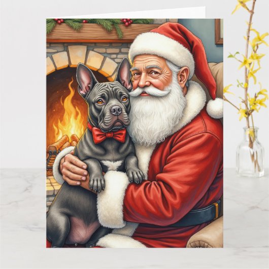 Santa Claus Holding Cane Corso Christmas Art Kaart (Gele Bloem)