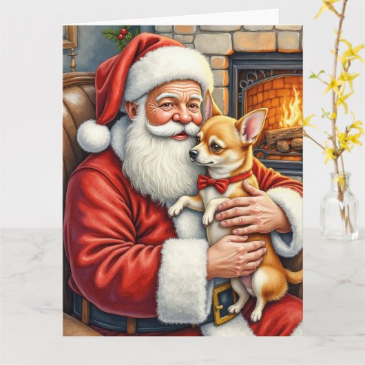 Santa Claus Holding Chihuahua Christmas Art Kaart (Gele Bloem)