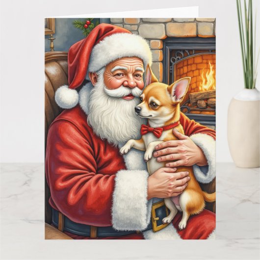 Santa Claus Holding Chihuahua Christmas Art Kaart (Voorkant)