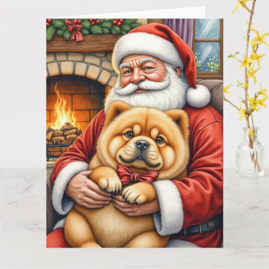 Santa Claus Holding Chow Chow Christmas Art Kaart (Gele Bloem)
