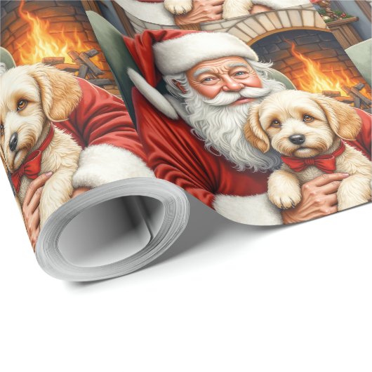 Santa Claus Holding Cockapoo Christmas Art Cadeaupapier (Rol Hoek)