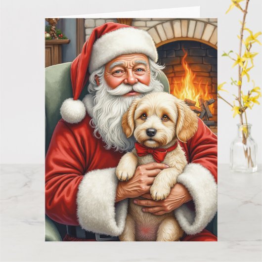Santa Claus Holding Cockapoo Christmas Art Kaart (Gele Bloem)