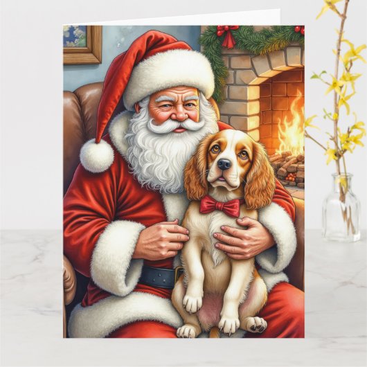 Santa Claus Holding Cocker Spaniel Christmas Art Kaart (Gele Bloem)