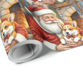 Santa Claus Holding Corgi Christmas Art Cadeaupapier (Rol Hoek)