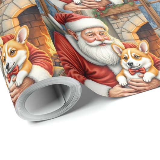 Santa Claus Holding Corgi Christmas Art Cadeaupapier (Rol Hoek)