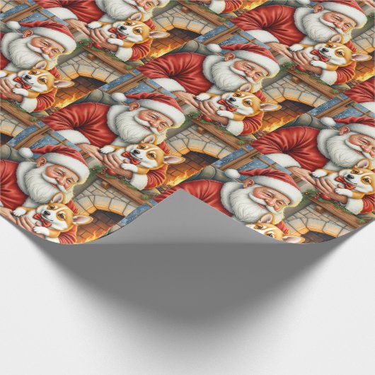 Santa Claus Holding Corgi Christmas Art Cadeaupapier (Hoek)