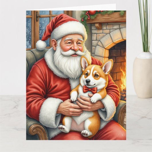 Santa Claus Holding Corgi Christmas Art Kaart (Voorkant)