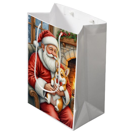 Santa Claus Holding Corgi Christmas Art Medium Cadeauzakje (Voorkant Gekanteld)