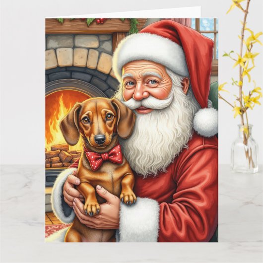 Santa Claus Holding Dachshund Christmas Art Kaart (Gele Bloem)