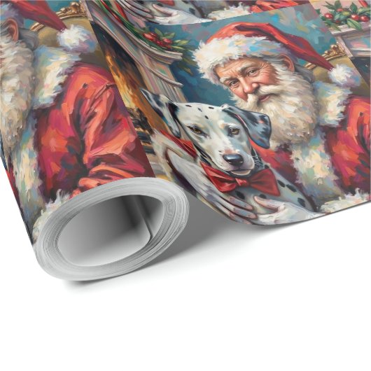 Santa Claus Holding Dalmatian Christmas Art Cadeaupapier (Rol Hoek)
