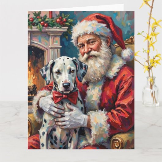 Santa Claus Holding Dalmatian Christmas Art Kaart (Gele Bloem)