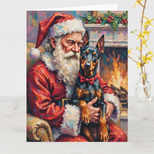 Santa Claus Holding Doberman Christmas Art Kaart (Gele Bloem)