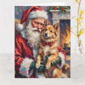 Santa Claus Holding Finnish Lapphund Christmas Art Kaart (Gele Bloem)