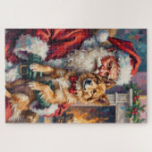 Santa Claus Holding Finnish Lapphund Christmas Art Legpuzzel (Horizontaal)