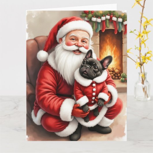 Santa Claus Holding French Bulldog Christmas Art Kaart (Gele Bloem)