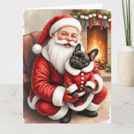 Santa Claus Holding French Bulldog Christmas Art Kaart (Voorkant)