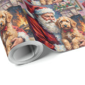 Santa Claus Holding Goldendoodle Christmas Art Cadeaupapier (Rol Hoek)