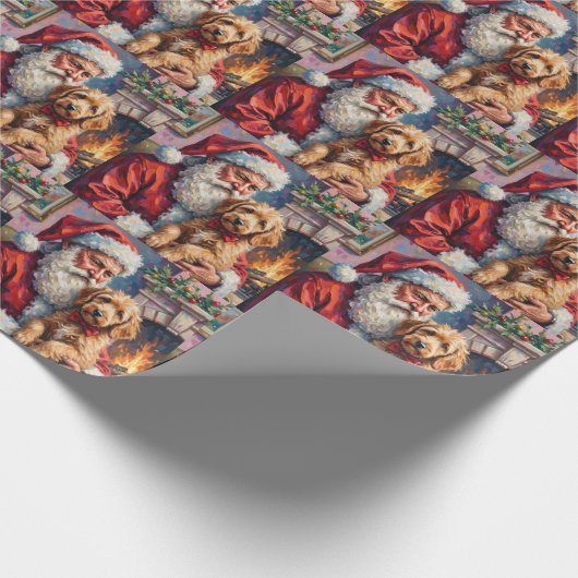 Santa Claus Holding Goldendoodle Christmas Art Cadeaupapier (Hoek)