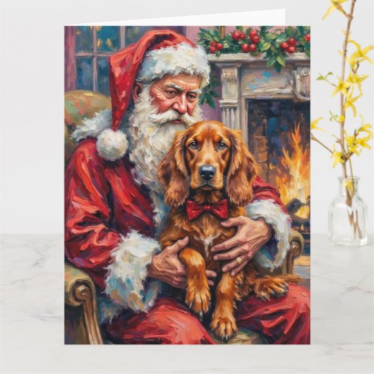 Santa Claus Holding Irish Red Setter Christmas Art Kaart (Gele Bloem)