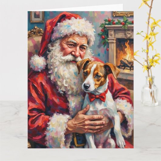 Santa Claus Holding Jack Russell Christmas Art Kaart (Gele Bloem)
