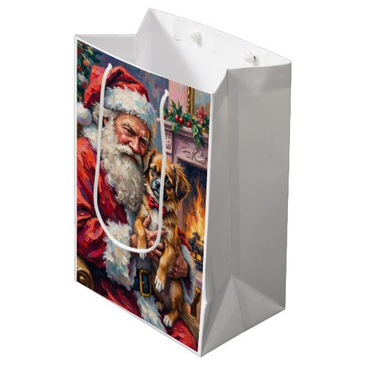 Santa Claus Holding Japanese Chin Christmas Art Medium Cadeauzakje (Voorkant Gekanteld)