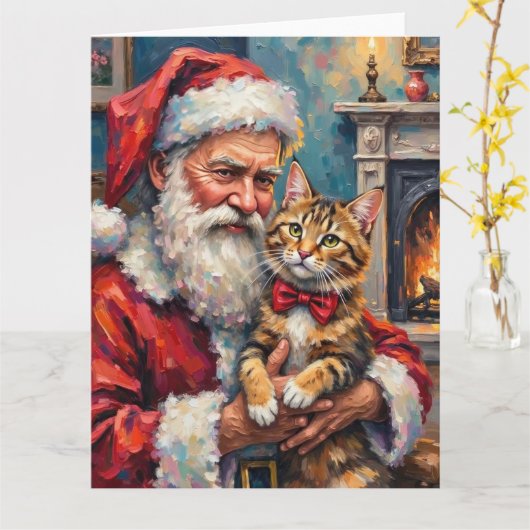 Santa Claus Holding Maine Coon Cat Christmas Art Kaart (Gele Bloem)