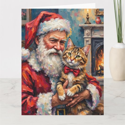 Santa Claus Holding Maine Coon Cat Christmas Art Kaart (Voorkant)
