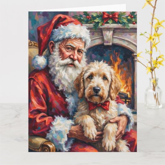Santa Claus Holding Old English Sheepdog Christmas Kaart (Gele Bloem)