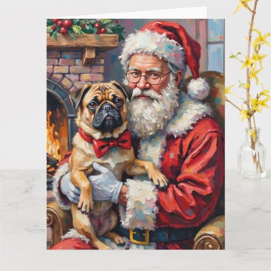 Santa Claus Holding Pug Christmas Art Kaart (Gele Bloem)