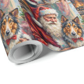 Santa Claus Holding Rough Collie Christmas Art Cadeaupapier (Rol Hoek)