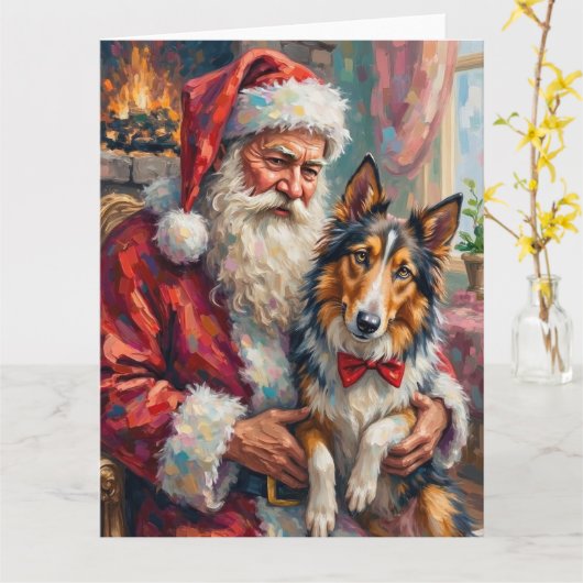 Santa Claus Holding Rough Collie Christmas Art Kaart (Gele Bloem)