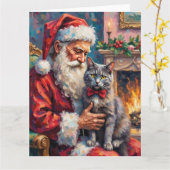 Santa Claus Holding Russian Blue Cat Christmas Art Kaart (Gele Bloem)