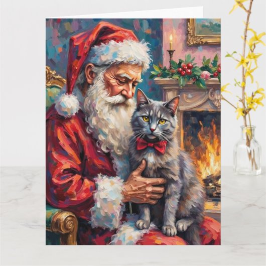 Santa Claus Holding Russian Blue Cat Christmas Art Kaart (Gele Bloem)