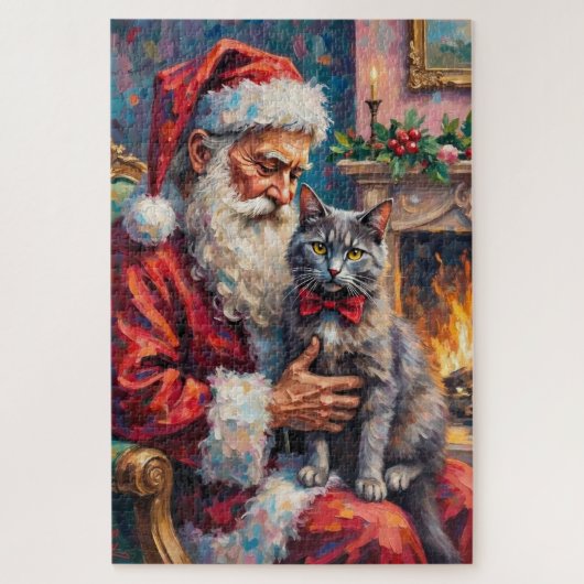Santa Claus Holding Russian Blue Cat Christmas Art Legpuzzel (Verticaal)