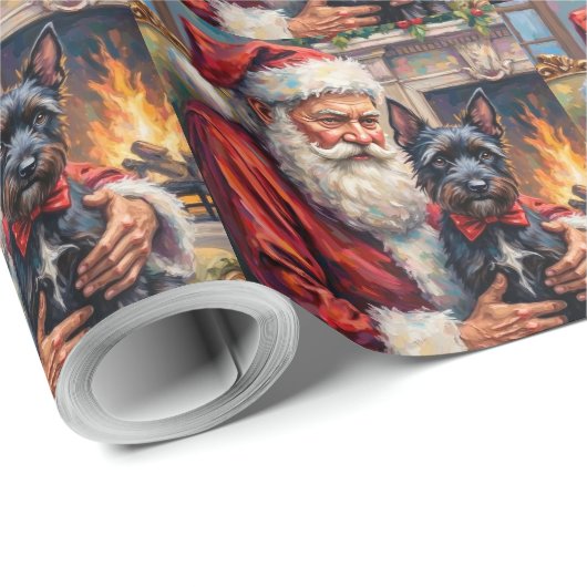 Santa Claus Holding Scottish Terrier Christmas Art Cadeaupapier (Rol Hoek)