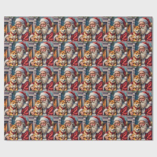 Santa Claus Holding Shiba Inu Christmas Art Cadeaupapier (Vlak)