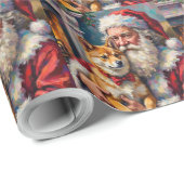 Santa Claus Holding Shiba Inu Christmas Art Cadeaupapier (Rol Hoek)