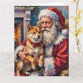 Santa Claus Holding Shiba Inu Christmas Art Kaart (Gele Bloem)