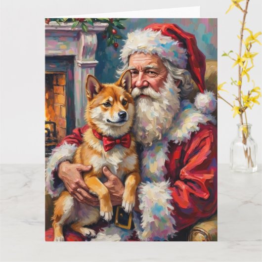 Santa Claus Holding Shiba Inu Christmas Art Kaart (Gele Bloem)