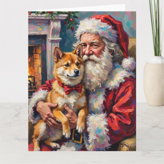 Santa Claus Holding Shiba Inu Christmas Art Kaart (Voorkant)